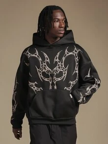SUMWON Oversized Pullover Hoodie With Large Abstract Gothic Graphic Print On Front Back And Sleeves Centre Pocket Fall Winter - Black - View 6