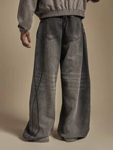 SUMWON Wide Leg Baggy Jeans With Cursive Script Leg Print Vintage Washed Denim Pants Oversized Fit Fall Winter Streetwear - Blue - View 2