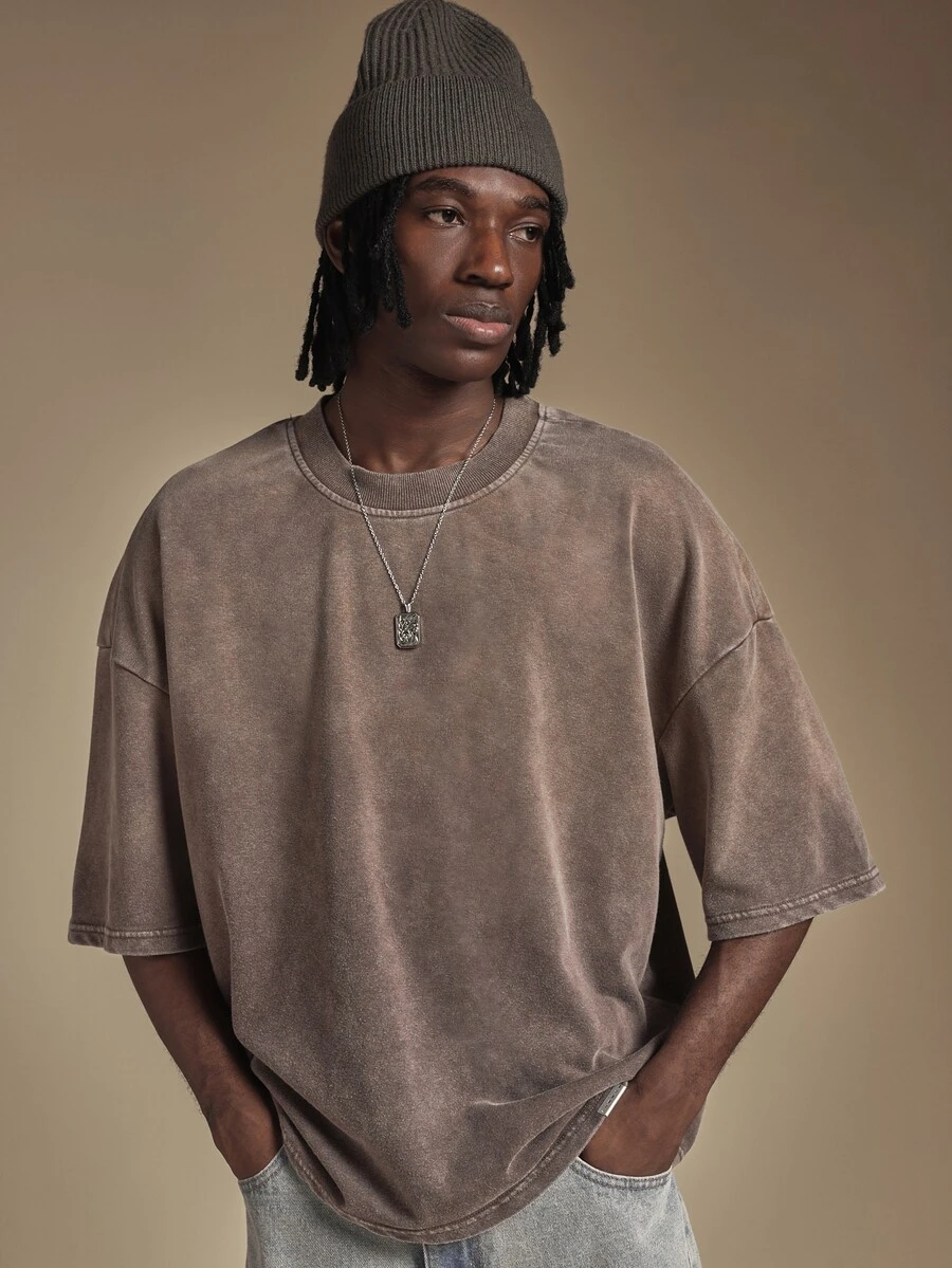 SUMWON Oversized Acid Washed Crew Neck Short Sleeve Boxy Drop Shoulder T-Shirt Vintage Distressed Faded Casual Streetwear Tee - Brown - View 1