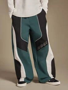 SUMWON Wide Leg Color Block Track Pants With Contrast Piping Detail And Logo Print Side Panel Street Style Full Length Trousers - Green - View 1
