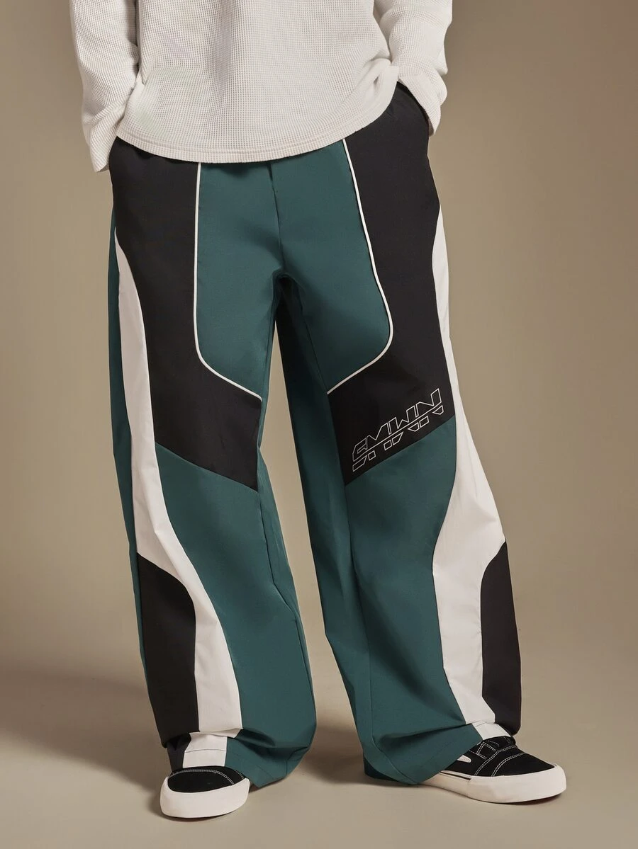 SUMWON Wide Leg Color Block Track Pants With Contrast Piping Detail And Logo Print Side Panel Street Style Full Length Trousers - Green - View 1