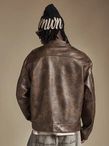 SUMWON Distressed Vintage Look Leather Jacket With Zip Closure Ribbed Collar Zip Pockets And Snap Button Hem Detail Oversized Hip Length Biker Style - Grey - View 2