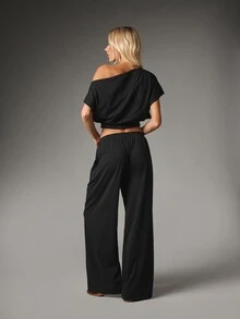MISSGUIDED Off-Shoulder Crop Top And Wide-Leg Elasticated Pants Co-Ord Set Summer Holiday Two Pieces Casual Outfit - Black - View 3