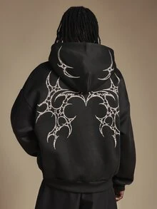 SUMWON Oversized Pullover Hoodie With Large Abstract Gothic Graphic Print On Front Back And Sleeves Centre Pocket Fall Winter - Black - View 1