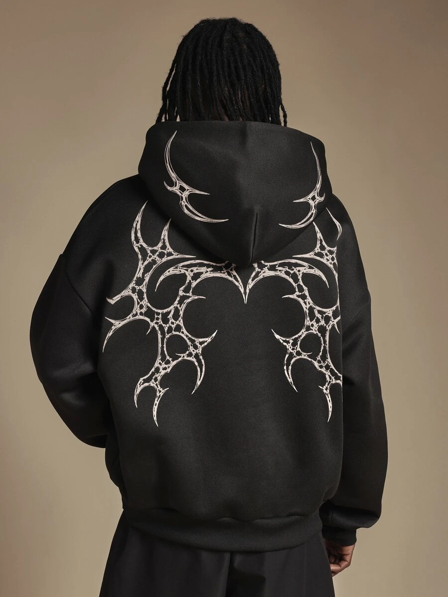 SUMWON Oversized Pullover Hoodie With Large Abstract Gothic Graphic Print On Front Back And Sleeves Centre Pocket Fall Winter - Black - View 1