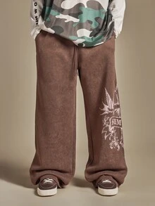 SUMWON Washed Wide Leg Sweatpants With Baroque Swallow Graphic Leg Print And Drawstring Waist Fall Winter Streetwear - Green - View 4