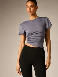 AiiRZ Ruched Front Crop T-Shirt With Lace Trim Sleeves Crew Neck Fitted Short Sleeve Top Summer Essential - Blue - View 5