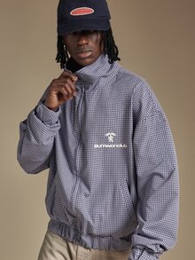 SUMWON Gingham Check Harrington Jacket With Full Zip Closure Ribbed Hem Oversized Fit And Logo Chest Print Spring Summer Outerwear - Blue and White - View 5