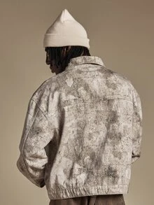 SUMWON Oversized Washed Denim Trucker Jacket With Zip Closure Spread Collar Abstract Marbled Print Long Sleeve Casual Outerwear - Khaki - View 2