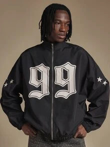 SUMWON Oversized Black Windbreaker Jacket With Bold 99 Varsity Numeric Applique Print Star Sleeve Detail Full Zip Mandarin Collar Hip Length - Black - View 4