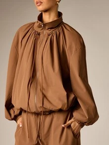 AiiRZ Oversized Ruched Windbreaker Jacket With Stand Collar Full Zip Balloon Sleeves And Drawstring Hem For Fall Winter - Coffee Brown - View 4
