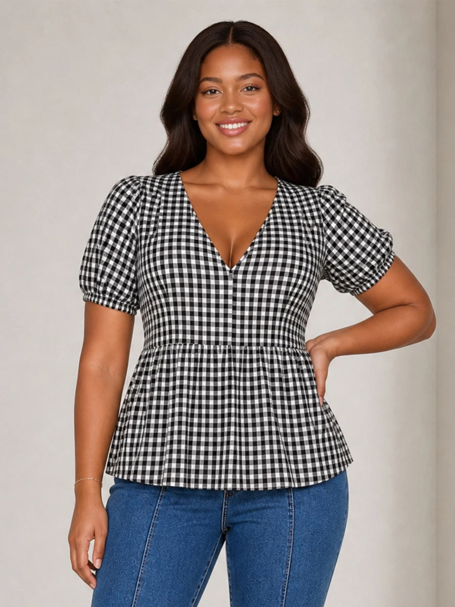 ELLERISSA Plus Size Black & White Gingham V Neck Puff Sleeve Empire Waist Peplum Blouse - Black and White - View 1