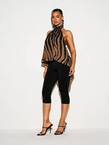 KIZN Halter Neck Tiger Print Draped Top With Open Back And High-Low Asymmetric Hem, Festival Party Summer Holiday Night Out Top - Brown - View 1