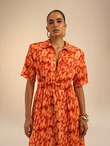 Dancing Leopard Orange Cheetah Print Utility Maxi Dress, Everyday Weekend Wear - Multicolor - View 5