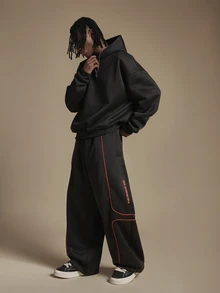SUMWON Wide Leg Track Pants With Red Contrast Piping And Logo Print Curved Panel Detail Elastic Waistband Full Length - Black - View 3