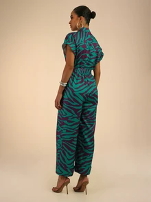 Dancing Leopard Green And Purple Animal Print Belted Jumpsuit, Holiday/Vacation Wear - Multicolor - View 2