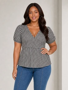 ELLERISSA Plus Size Black & White Gingham V Neck Puff Sleeve Empire Waist Peplum Blouse - Black and White - View 3