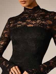 AiiRZ Floral Lace Mini Dress With High Neck Long Bell Sleeves Bodycon Fit Semi Sheer Party Evening Style - Black - View 5