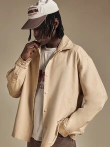 SUMWON Oversized Coach Jacket Snap Button Long Sleeve Collared Overshirt Drop Shoulder Casual Layering Piece For Fall Winter - Khaki - View 7