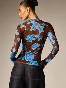 AiiRZ Sheer Mesh Floral Rose Print Long Sleeve Crew Neck Fitted Crop Top Autumn Winter Layering Stretch Bodycon Style - Multicolor - View 2
