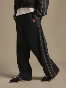 PLAYBOY X SUMWON Bunny Logo Wide Leg Track Pants With Silver Rhinestone Side Stripe Detail Full Length Casual Trousers - Black - View 1