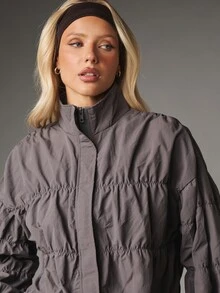 MISSGUIDED Cropped Ruched Windbreaker Jacket With Stand Collar Full Zip Closure Drawstring Hem And Elasticated Cuffs Fall Winter Outerwear - Grey - View 2
