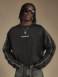 SUMWON Oversized Crew Neck Sweatshirt With White Contrast Piping And Large Back Logo Print Long Sleeve Pullover - Black - View 2