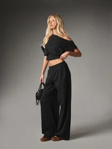 MISSGUIDED Off-Shoulder Crop Top And Wide-Leg Elasticated Pants Co-Ord Set Summer Holiday Two Pieces Casual Outfit - Black - View 5