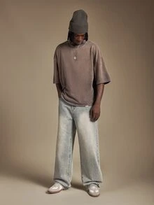 SUMWON Oversized Acid Washed Crew Neck Short Sleeve Boxy Drop Shoulder T-Shirt Vintage Distressed Faded Casual Streetwear Tee - Brown - View 3