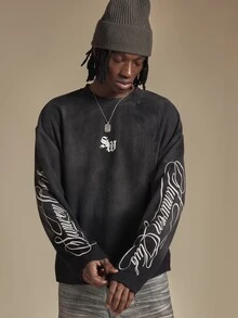 SUMWON Club Washed Waffle Knit Long Sleeve Crew Neck Oversized Tee With Cursive Script Sleeve Print - Black - View 1