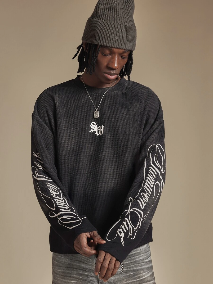 SUMWON Club Washed Waffle Knit Long Sleeve Crew Neck Oversized Tee With Cursive Script Sleeve Print - Black - View 1