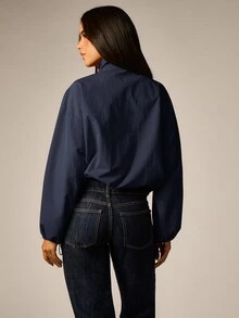 AiiRZ Mock Neck Zip-Up Windbreaker Jacket With Balloon Sleeves And Elasticated Cuffs Cropped Outerwear For Fall Winter - Navy Blue - View 3