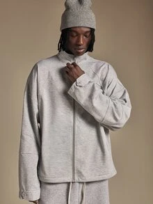 SUMWON Oversized Full-Zip Track Jacket With Mandarin Collar Button Cuffs And Chest Pocket In Heathered Fleece For Fall Winter - Grey - View 1