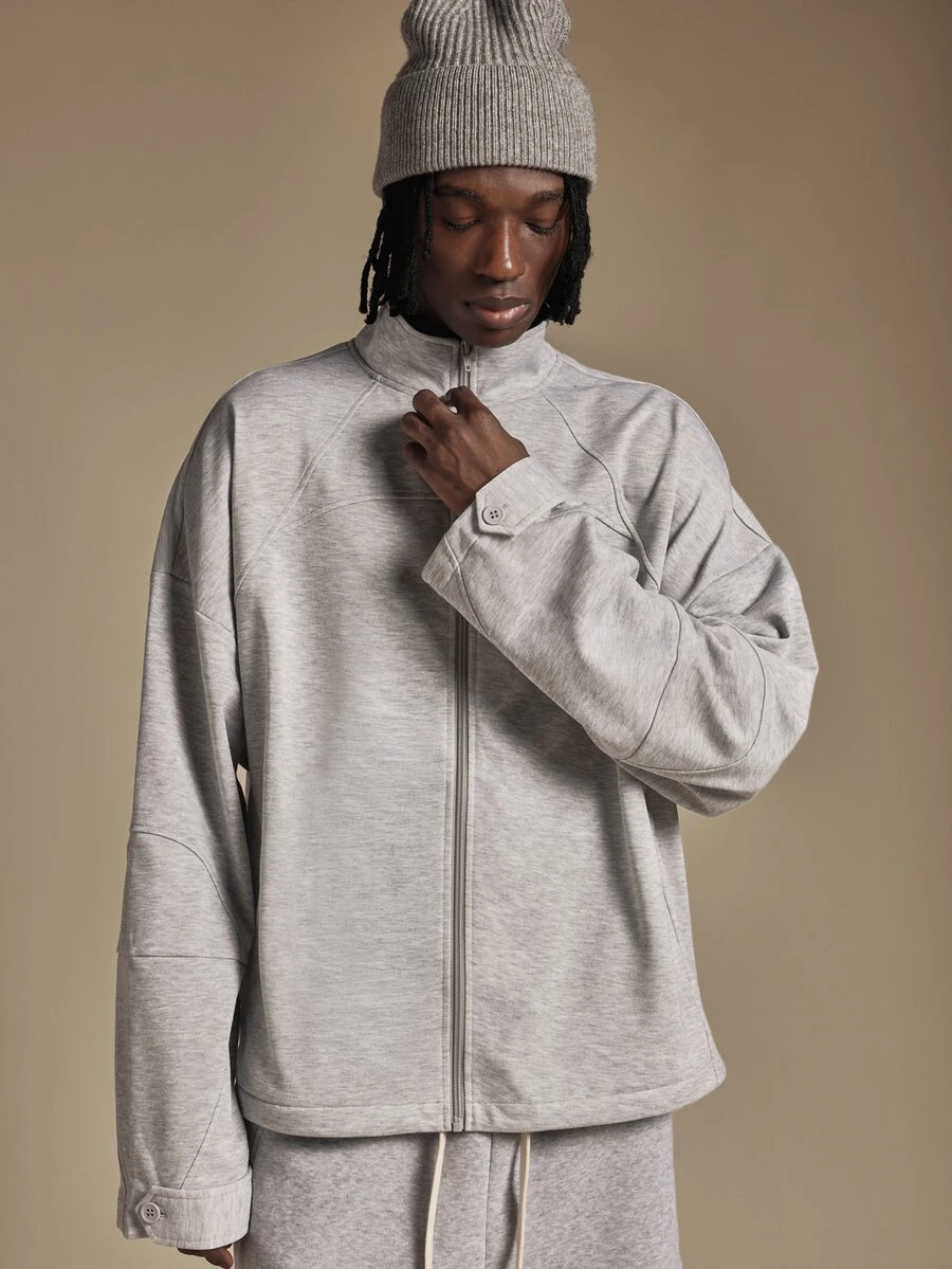 SUMWON Oversized Full-Zip Track Jacket With Mandarin Collar Button Cuffs And Chest Pocket In Heathered Fleece For Fall Winter - Grey - View 1
