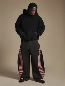 SUMWON Wide Leg Black Sweatpants With Curved Pink Multi-Stripe Leg Print And Elasticated Waist For Fall Winter Streetwear - Black - View 3