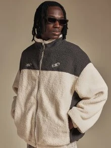 SUMWON Oversized Two-Tone Sherpa Fleece Zip-Up Jacket With Ribbed Collar Embroidered Logo Hip Length Long Sleeve Winter Outerwear - Multicolor - View 4