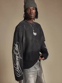 SUMWON Club Washed Waffle Knit Long Sleeve Crew Neck Oversized Tee With Cursive Script Sleeve Print - Black - View 6