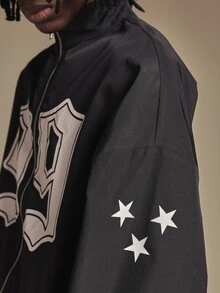 SUMWON Oversized Black Windbreaker Jacket With Bold 99 Varsity Numeric Applique Print Star Sleeve Detail Full Zip Mandarin Collar Hip Length - Black - View 5