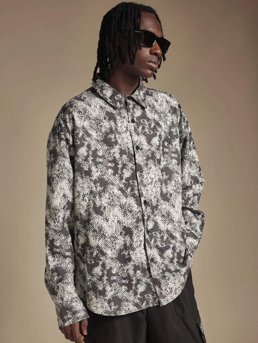 SUMWON Oversized Abstract AOP Print Long Sleeve Button-Up Collared Shirt With Point Collar And Curved Hem For Casual Everyday Wear - Multicolor - View 1