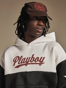PLAYBOY X SUMWON Oversized Color Block Hoodie With Bunny Logo Back Print And Script Text Chest Graphic Long Sleeve Pullover - Black and White - View 5