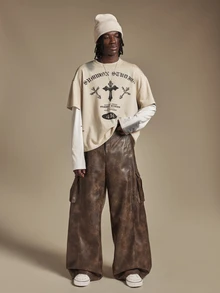 SUMWON Distressed Faux Leather Wide Leg Cargo Pants With Side Pockets Vintage Washed Baggy Trousers Fall Winter Street Style - Dark Grey - View 3