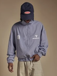 SUMWON Gingham Check Harrington Jacket With Full Zip Closure Ribbed Hem Oversized Fit And Logo Chest Print Spring Summer Outerwear - Blue and White - View 1
