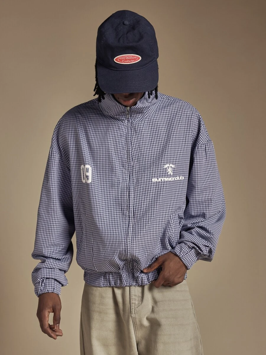 SUMWON Gingham Check Harrington Jacket With Full Zip Closure Ribbed Hem Oversized Fit And Logo Chest Print Spring Summer Outerwear - Blue and White - View 1