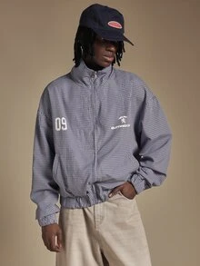 SUMWON Gingham Check Harrington Jacket With Full Zip Closure Ribbed Hem Oversized Fit And Logo Chest Print Spring Summer Outerwear - Blue and White - View 4