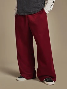 SUMWON Oversized Wide Leg Sweatpants Fleece Elasticated Waist Relaxed Fit Casual Lounge Trousers Fall Winter Streetwear - Red - View 3
