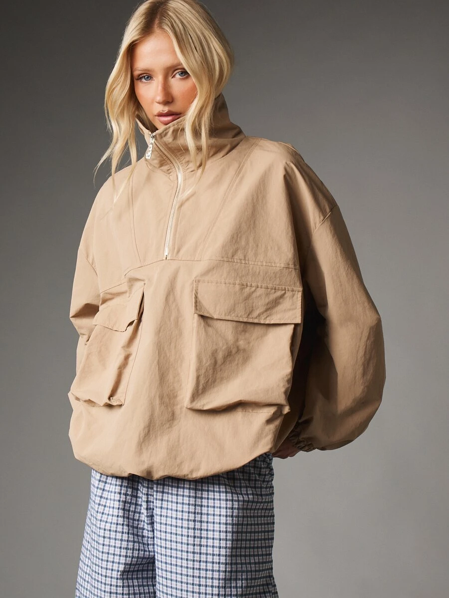 MISSGUIDED Oversized Half-Zip Pullover Jacket With Stand Collar Flap Patch Pockets And Elasticated Cuffs Casual Outerwear For Autumn Winter - Khaki - View 1