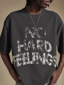 SUMWON Oversized Crew Neck Short Sleeve T-Shirt With Distressed No Hard Feelings Slogan Print Perfect For Casual Everyday Summer Street Style Looks - Dark Grey - View 5