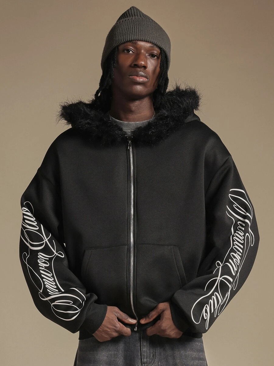 SUMWON Oversized Full-Zip Hoodie With Faux Fur Hood Trim And Cursive Script Sleeve Print Winter Street Style - Black - View 1