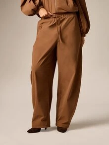 AiiRZ Wide Leg Casual Drawstring Pants With Elastic High Rise Waist And Side Pockets Full Length Flowing Trousers Perfect For Fall Winter - Coffee Brown - View 1