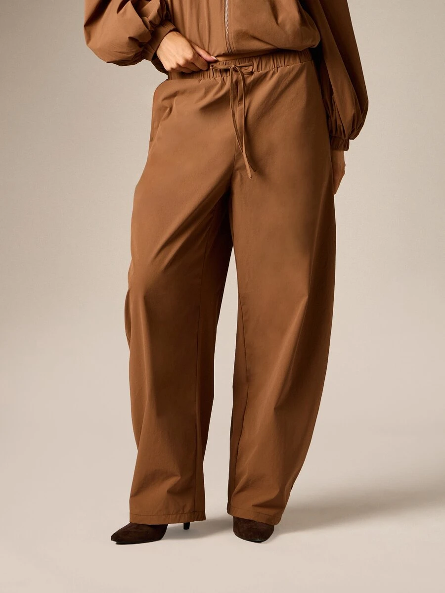 AiiRZ Wide Leg Casual Drawstring Pants With Elastic High Rise Waist And Side Pockets Full Length Flowing Trousers Perfect For Fall Winter - Coffee Brown - View 1